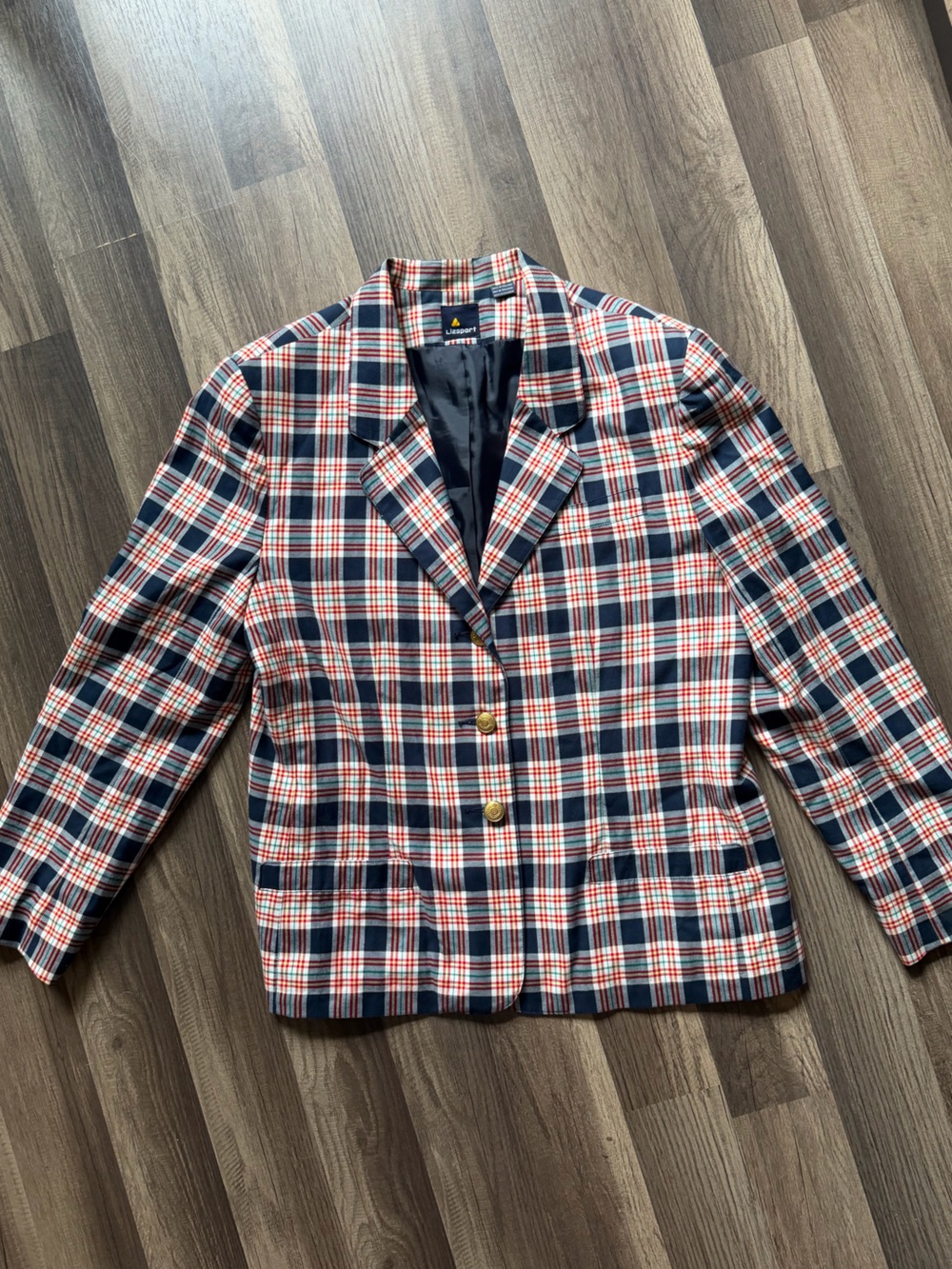 Lizsport Liz Claiborne Plaid Blazer Gold Buttons Size 12 Preppy